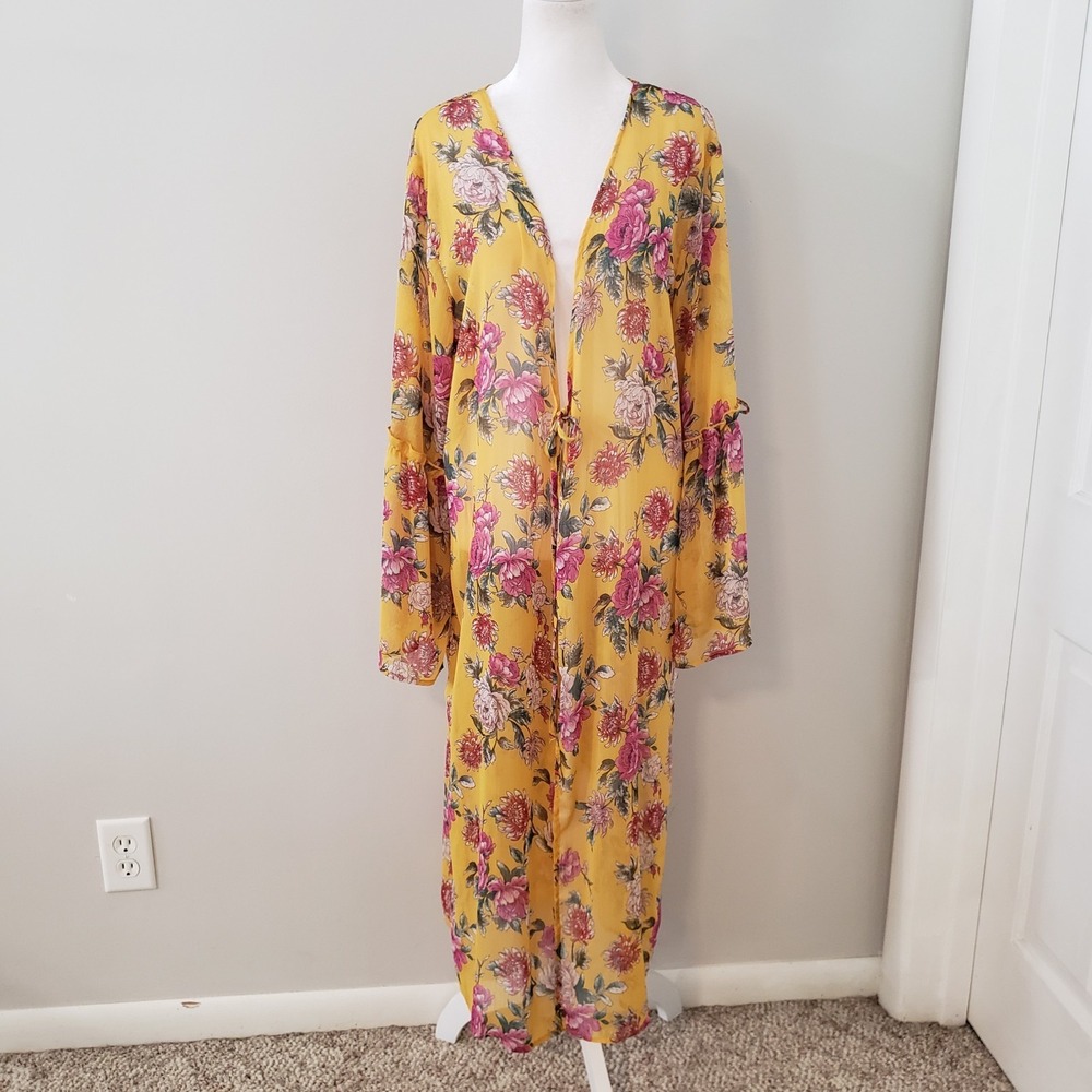 Band Of Gypsies Long Floral Boho Duster Cardigan SIZE L Sheer Front Tie Cover Up